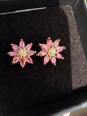 Pink Tourmaline & Diamond Flower Earrings 18K Gold Over Sterling Silver